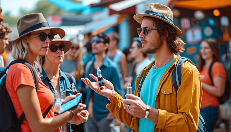 Tour guide educating tourists about THC vape products and culture in Vancouver