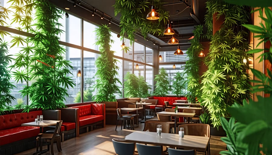 Comfortable seating inside a trendy cannabis café in Vancouver