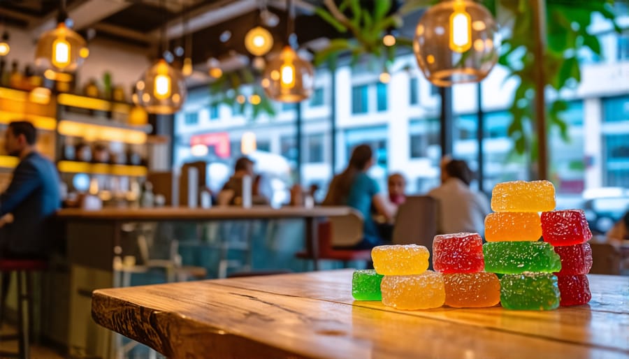 A vibrant cannabis café in Vancouver with patrons relaxing, surrounded by comfortable seating and ambient lighting, featuring a central table adorned with THCA gummies.