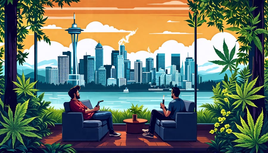 A person vaping a THC cartridge in a stylish lounge with the backdrop of Vancouver's cityscape and lush greenery, symbolizing the blend of urban and natural elements in the city's vaping culture.