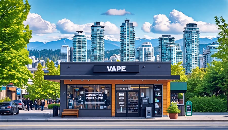 Vancouver city skyline with a focus on a THC vape shop in the foreground