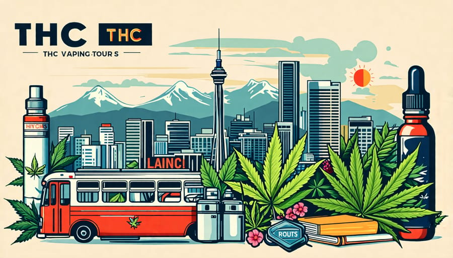 Collection of THC vaping tour highlights featuring vape devices, cannabis leaves, and Vancouver landmarks