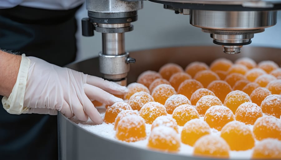 A skilled candy maker wearing gloves is carefully handling candies as they undergo the freeze-drying process.