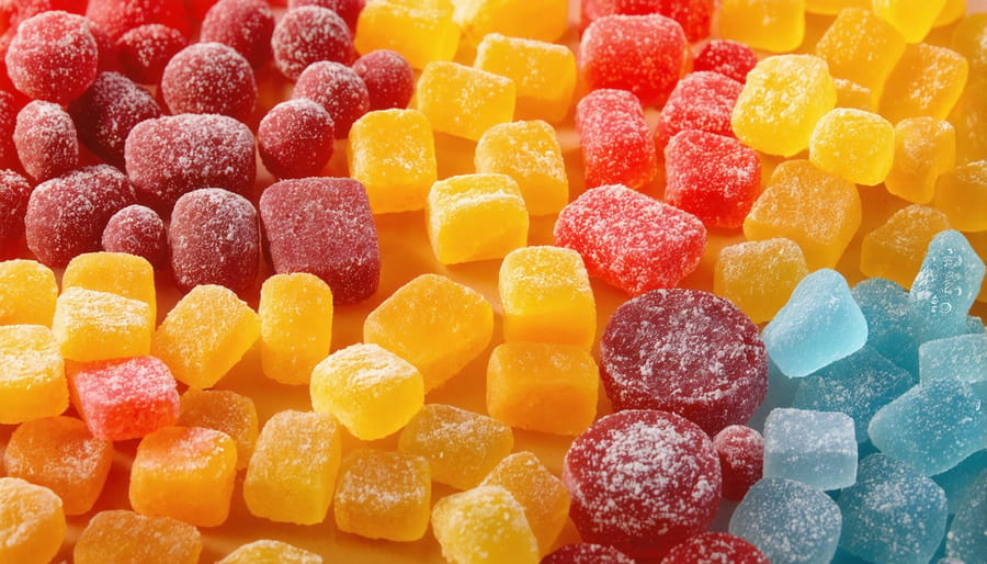 Various colorful freeze-dried candies are spread across a table, showcasing their unique textures.