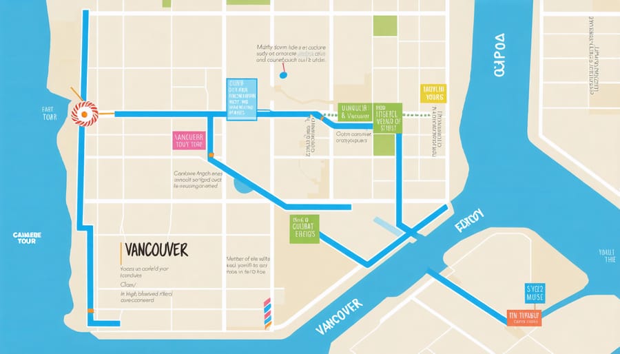 A map of Vancouver with a highlighted route showing stops of a candy tour through the city.