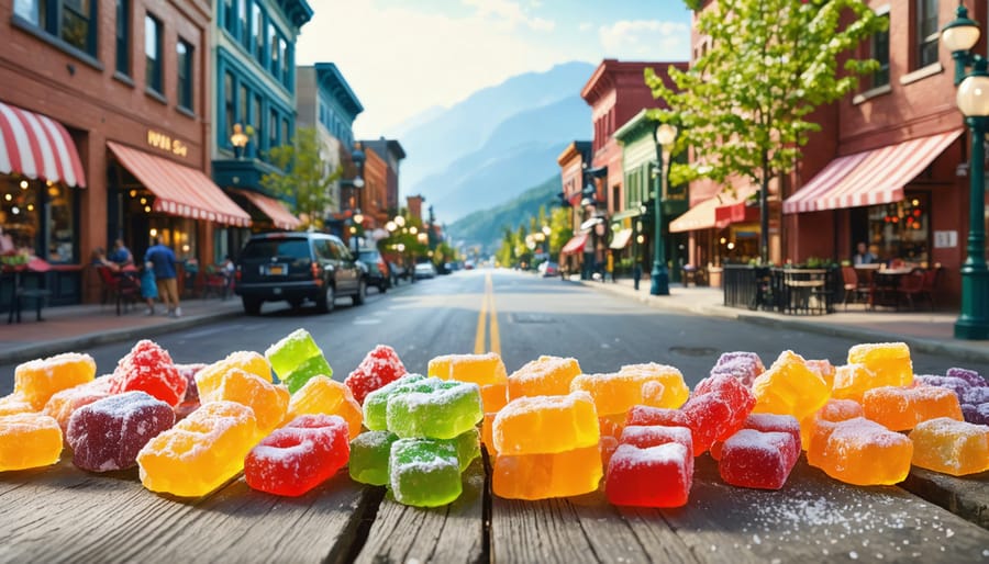 An imaginative illustration of Vancouver’s vibrant streets, featuring charming candy shops and a playful array of colorful freeze-dried candies that encapsulate a sweet adventure.